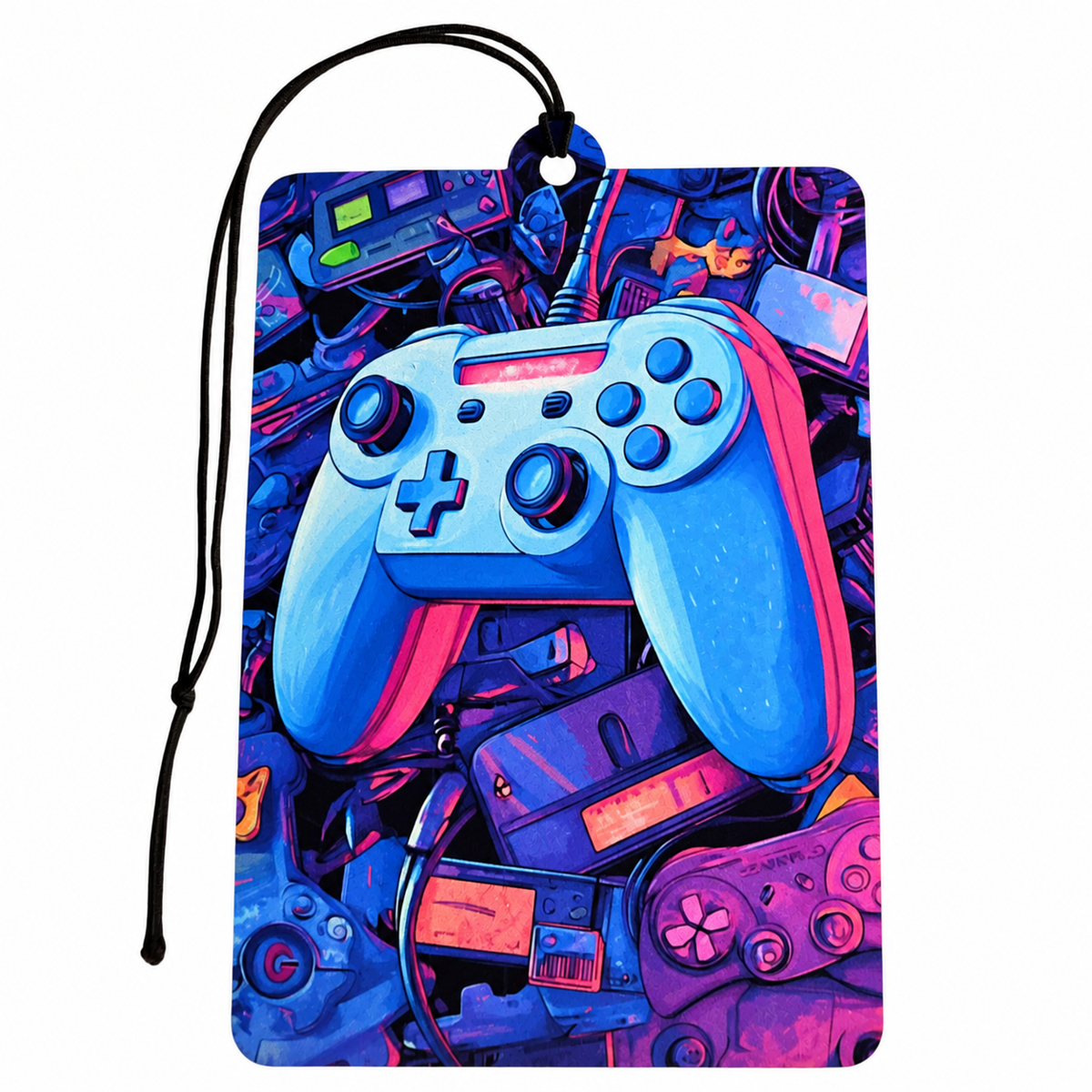 Retro gaming controller car air freshener featuring vibrant blue, purple and pink gaming artwork with black hanging cord.