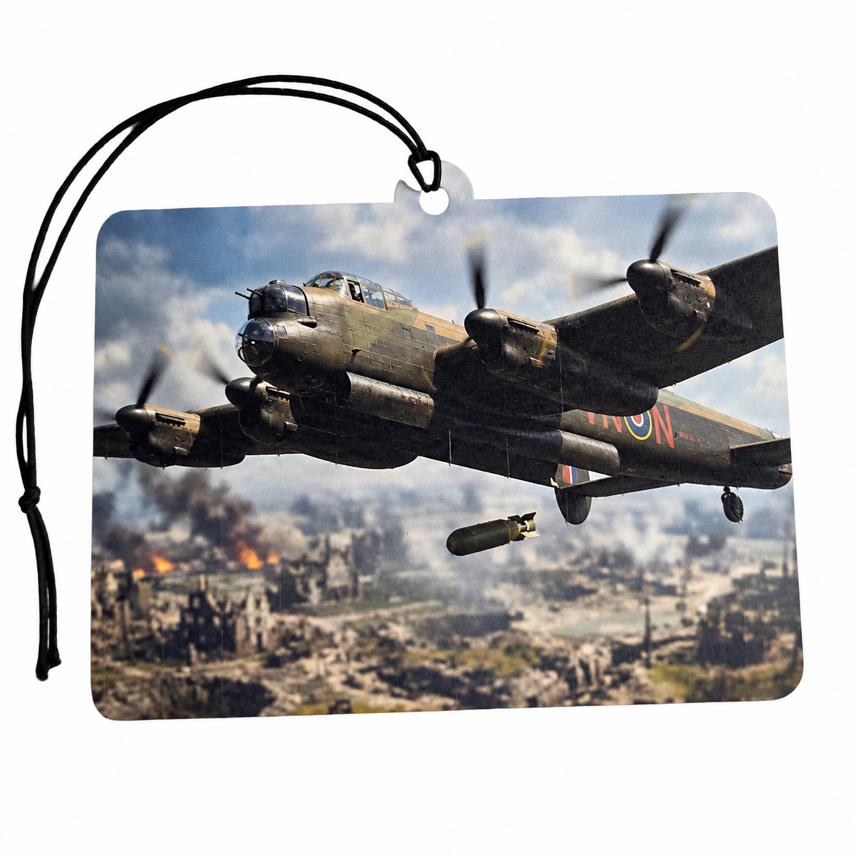 Avro Lancaster bomber inspired car air freshener featuring a WW2 RAF four-engine aircraft flying over a dramatic wartime landscape with black hanging cord.