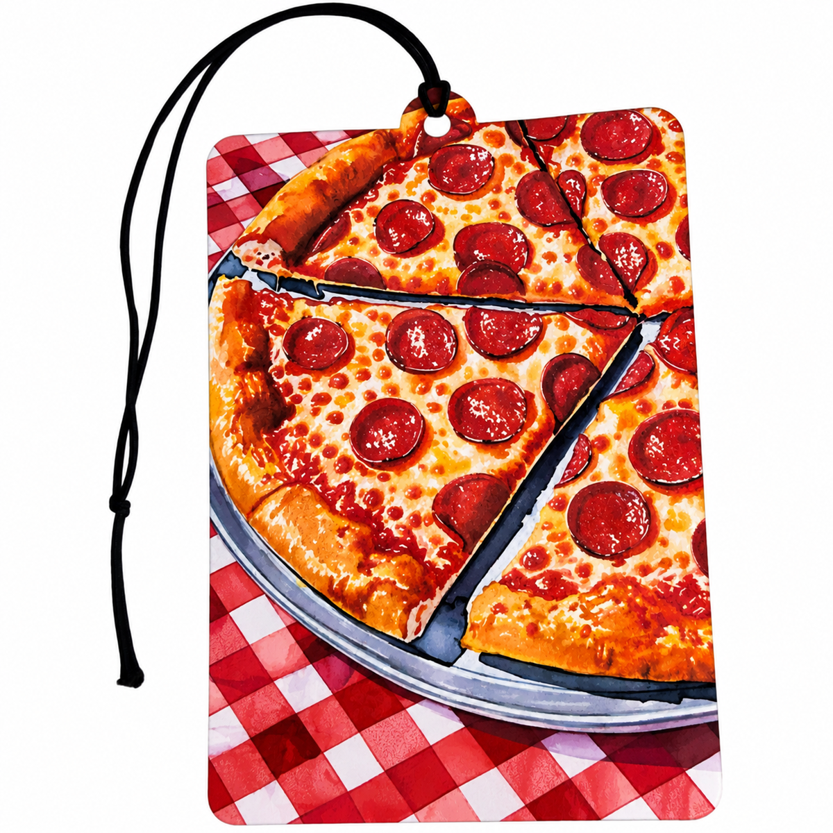 Pepperoni pizza car air freshener featuring colourful cheesy pizza slices on a red and white checkered tablecloth with black hanging cord.