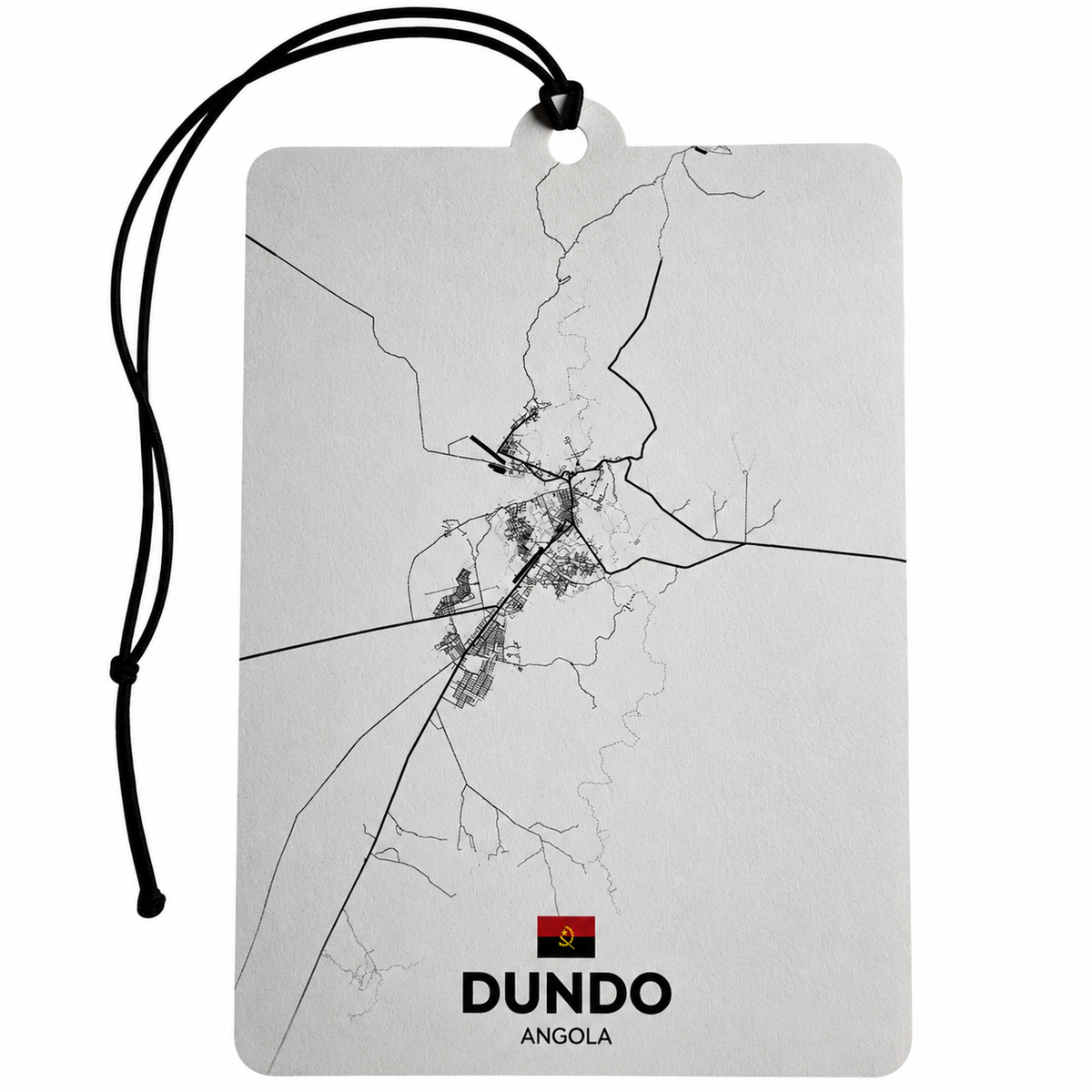 A rectangular car air freshener tag featuring a minimalist black map of Dundo, Angola, with its national flag and text. The tag has a light gray background and is suspended from a black cord on a solid white background.