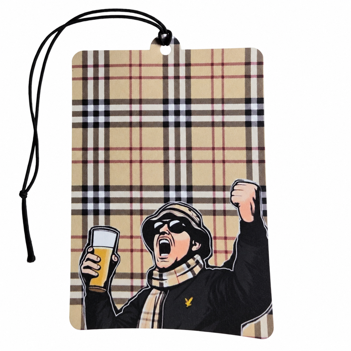Football casuals car air freshener featuring a cheering supporter wearing a bucket hat, sunglasses and checked scarf, holding a pint against a beige tartan background with black hanging cord.