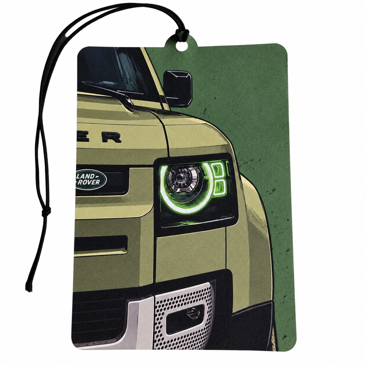 A rectangular car air freshener tag featuring a stylized illustration of a Land Rover headlight and front grille, with a black hanging cord, shown on a plain white background.