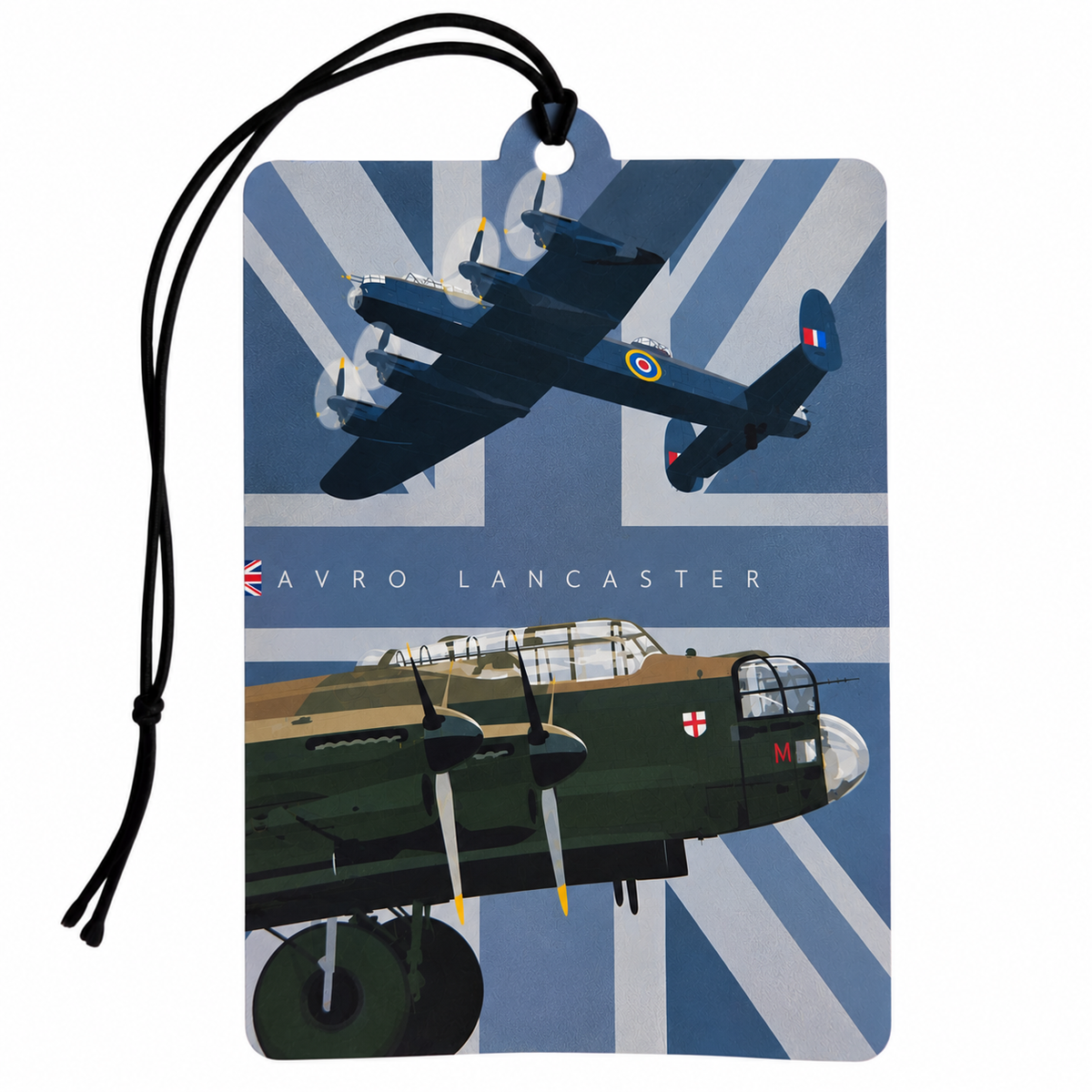 Avro Lancaster bomber car air freshener featuring two detailed RAF Lancaster aircraft illustrations, vintage blue Union Jack background and black hanging cord.