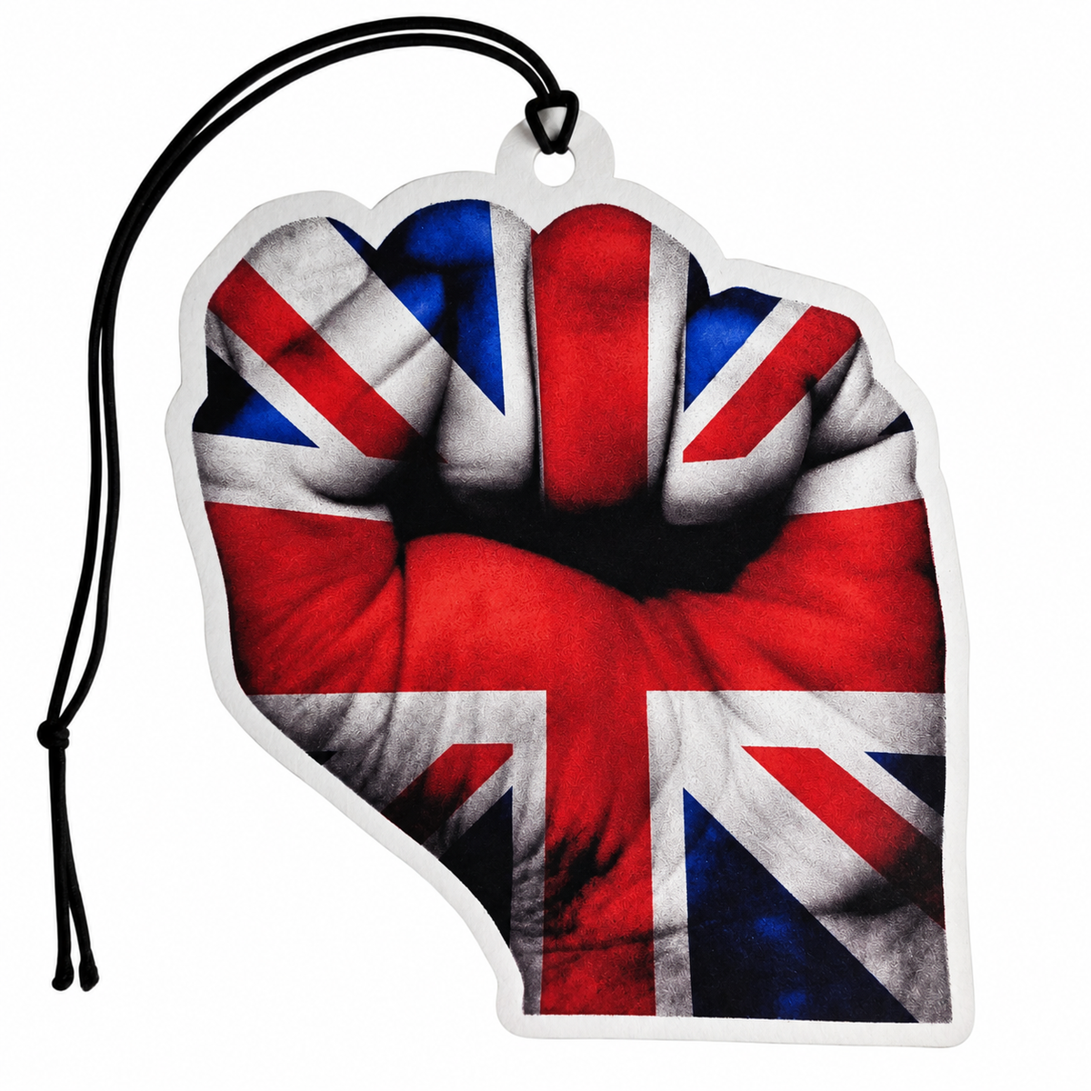 A shaped car air freshener or hanging tag featuring a Union Jack flag design on a raised fist silhouette, with a black hanging cord, shown on a plain white background.