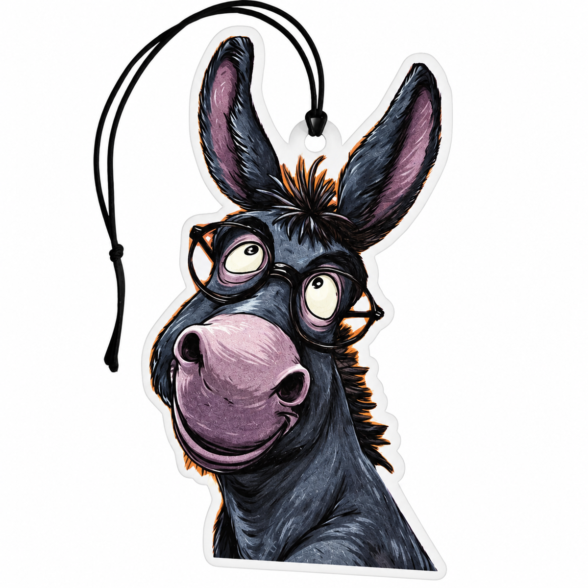 Funny donkey-shaped car air freshener featuring a cartoon black and grey donkey with oversized glasses, big purple ears, goofy eyes, a large smiling muzzle and black hanging cord.
