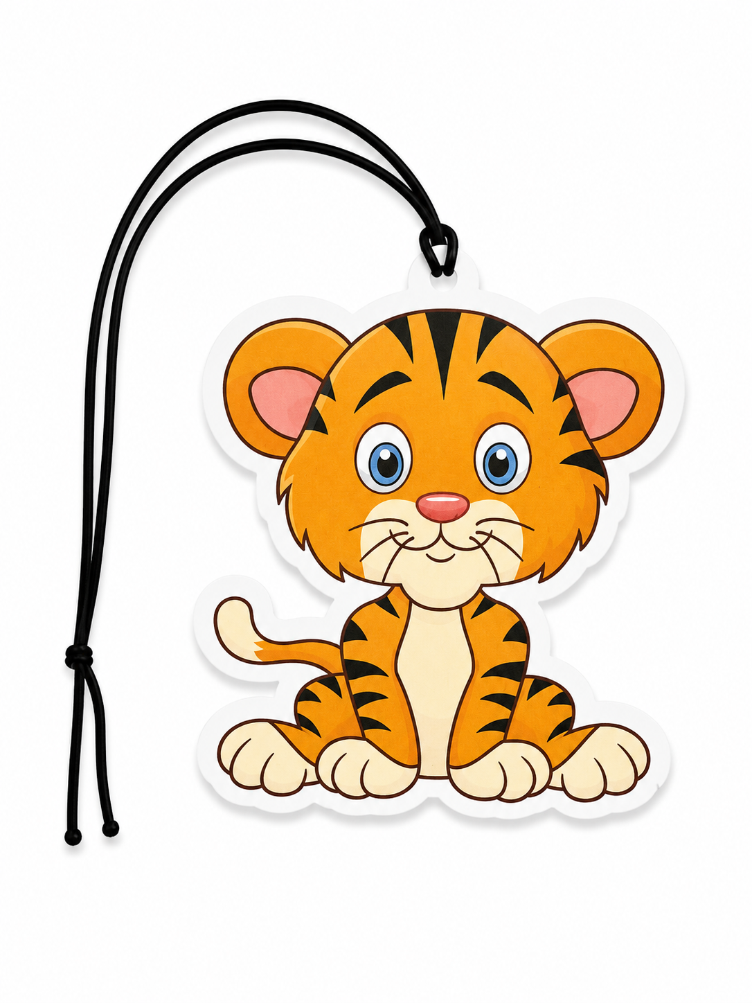 Cute cartoon tiger hanging air freshener with a smiling orange tiger illustration on a white background.
