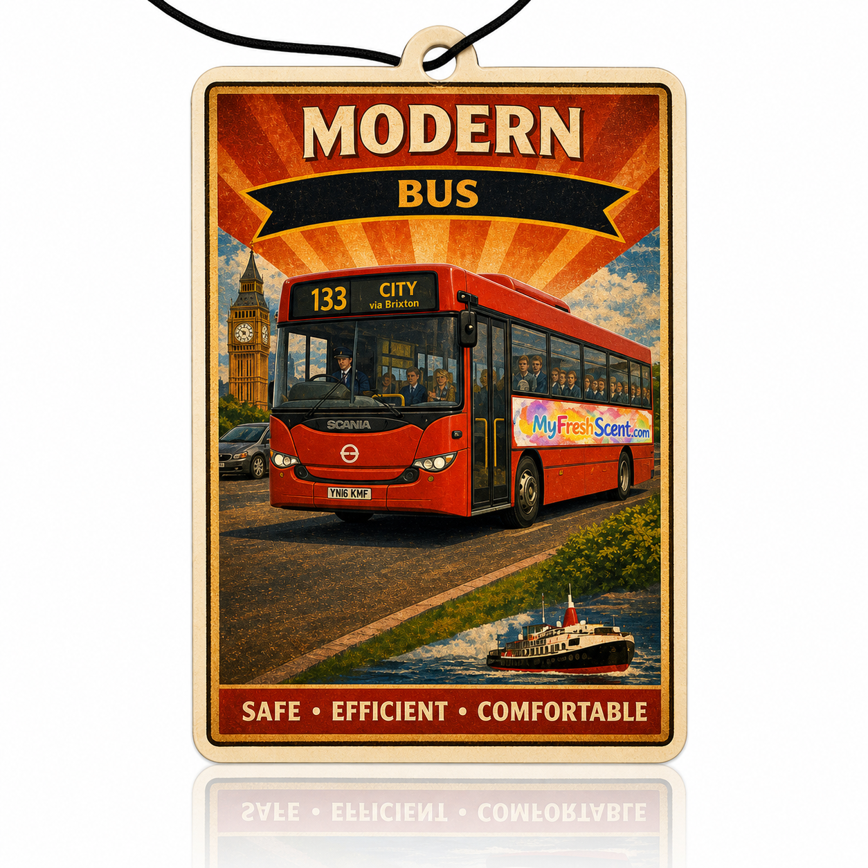 Vintage-style car air freshener for a modern bus with scenic elements.