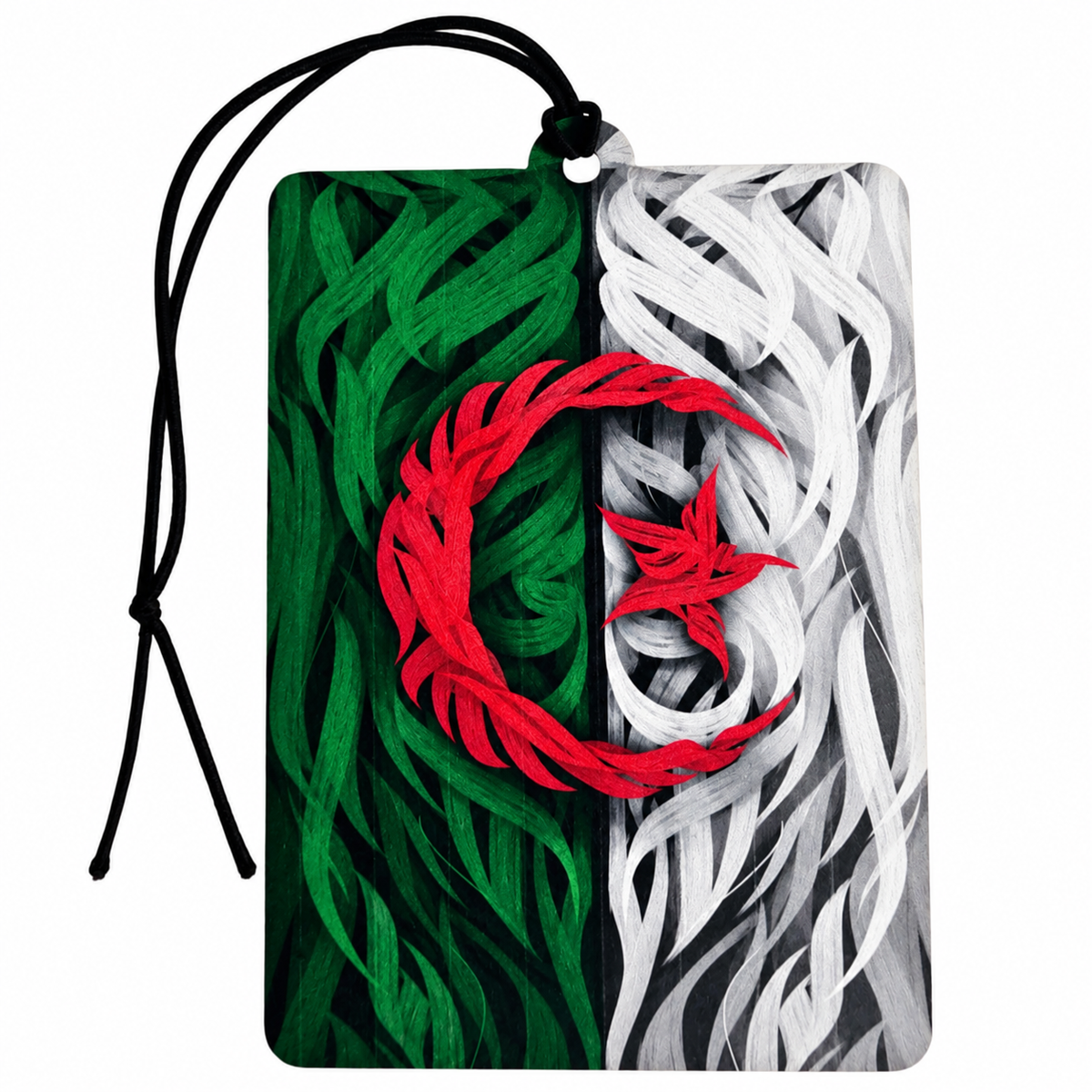 Algeria flag inspired car air freshener featuring artistic green and white flowing patterns with a red crescent and star and black hanging cord.