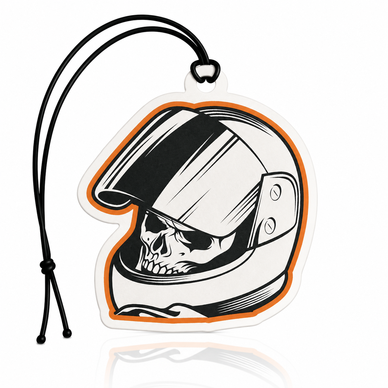 Skull helmet car air freshener featuring a motorcycle helmet with a skull design, double-sided hanging freshener for cars, vans, trucks and biker enthusiasts.