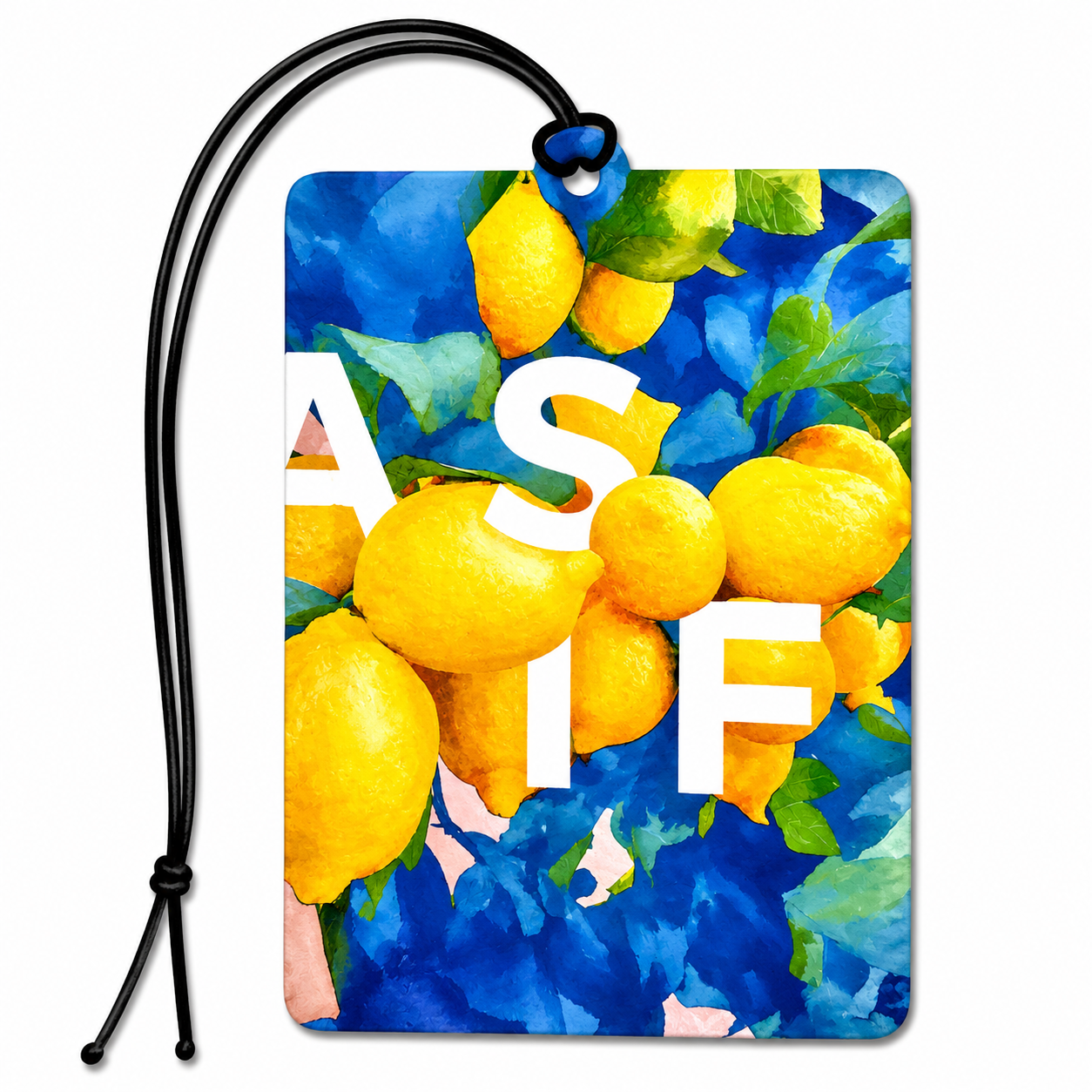 A rectangular car air freshener tag featuring a vibrant watercolor design of yellow lemons on a blue background with green leaves and the text 'AS TF' in bold white letters. The tag has a black hanging loop at the top and is shown on a clean white background.