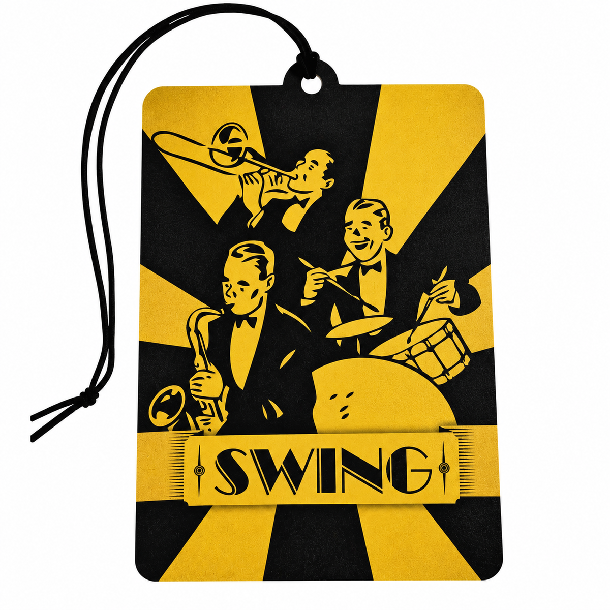 A rectangular hanging tag or car air freshener card with a black cord loop at the top. The design features retro jazz musicians in black silhouettes against a yellow and black sunburst background, with the word “SWING” printed across the bottom.