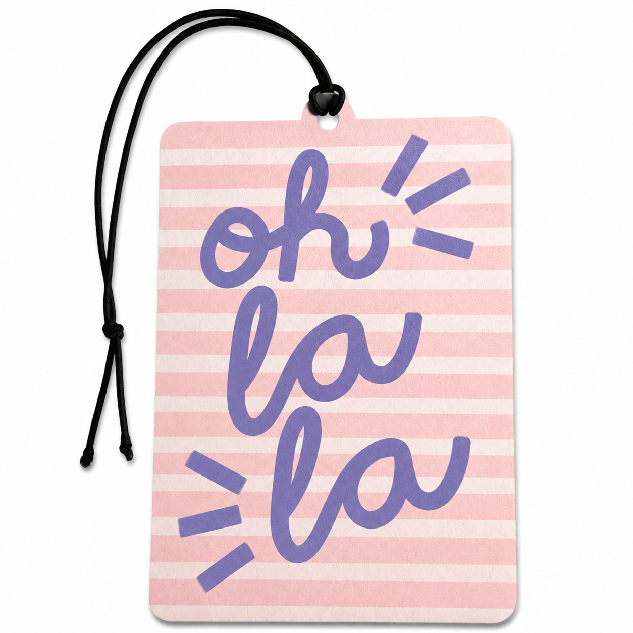 A rectangular pink and white striped tag or car air freshener with a black hanging cord, featuring the words 'oh la la' in purple script with small exclamation marks.
