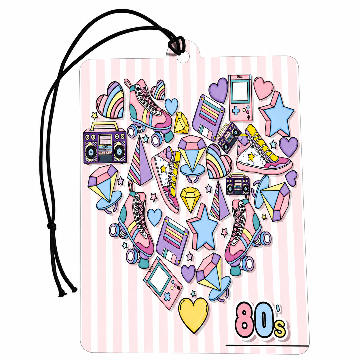 A rectangular car air freshener tag with a black hanging cord, featuring a pastel pink and white striped background and a heart-shaped collage of 80s-themed illustrations including roller skates, boomboxes, cassette tapes, stars, and a game console. The words '80s' appear in the bottom right corner.