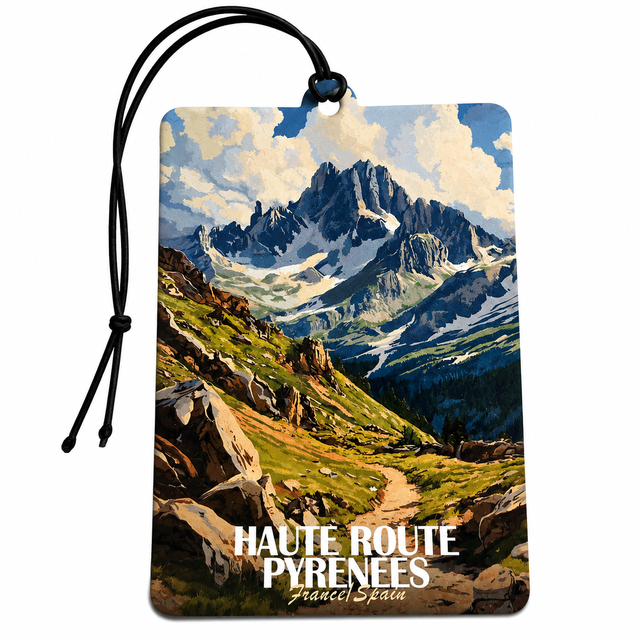 A rectangular luggage tag o with rounded corners featuring a scenic mountain landscape print and a black hanging cord, shown on a plain white background. The print includes the text 'HAUTE ROUTE PYRENEES' and 'France / Spain'. Car Air Freshener