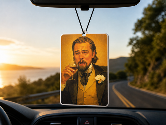 Car air freshener with a portrait of a man holding a glass of wine hanging in a car.