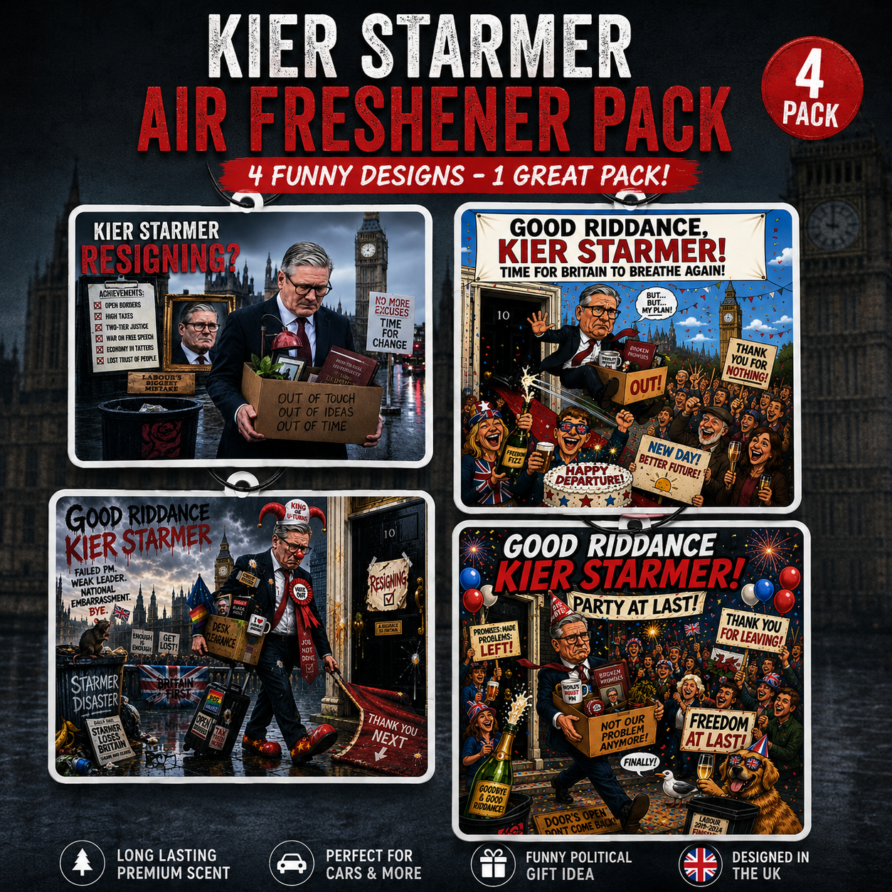 X4 Kier Starmer Car Air Fresheners - A Humorous Political Gift Set for UK Politics Fans