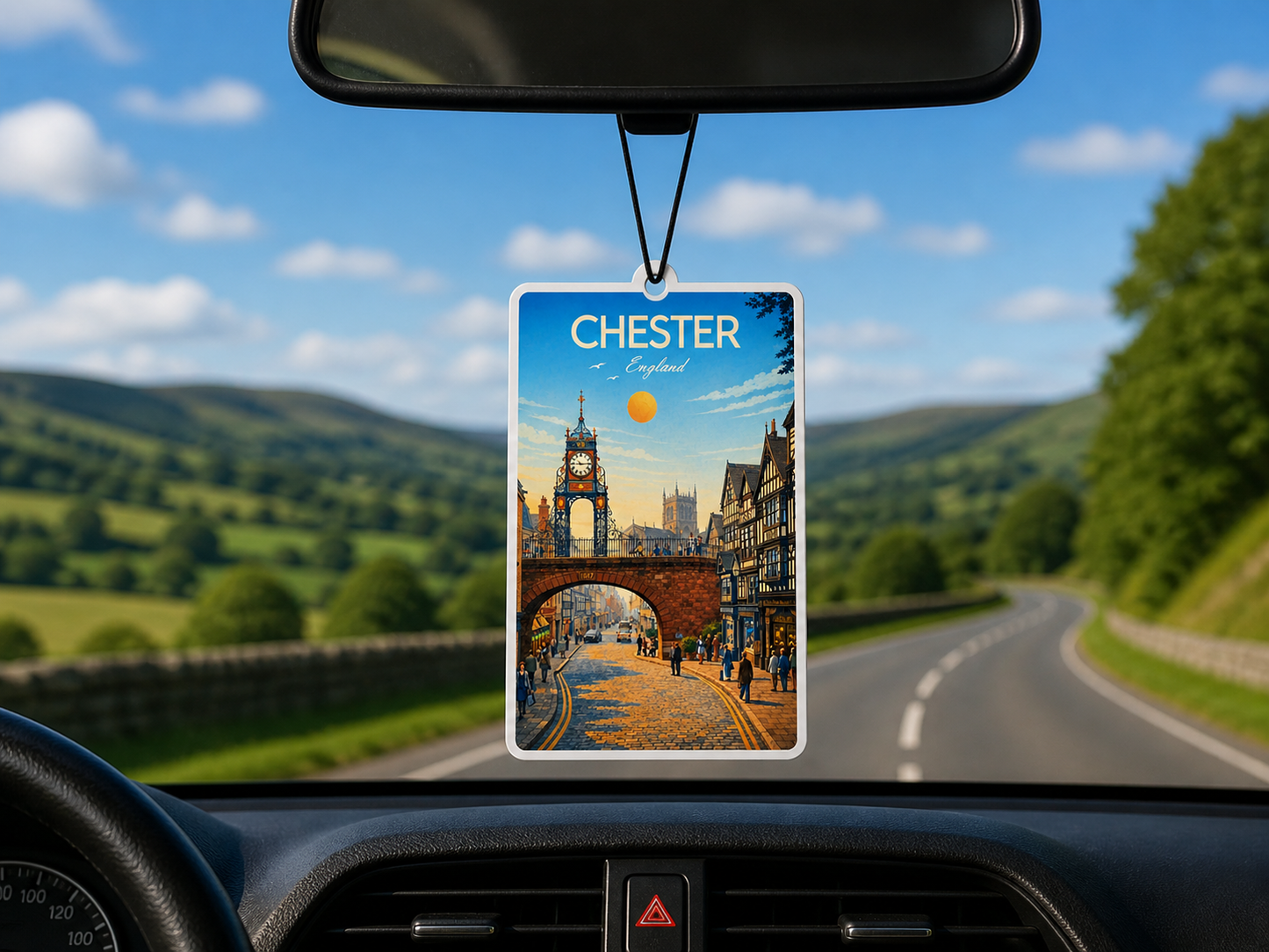 Car air freshener with Chester design hanging from a car's rearview mirror.