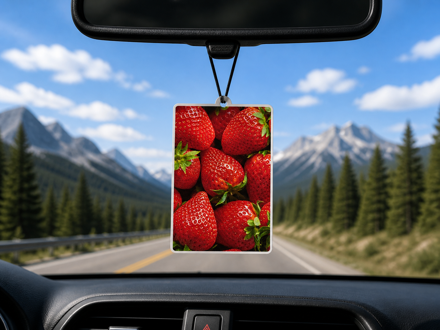 Car air freshener with strawberry design hanging from a car's rearview mirror, with a scenic road and mountains in the background.