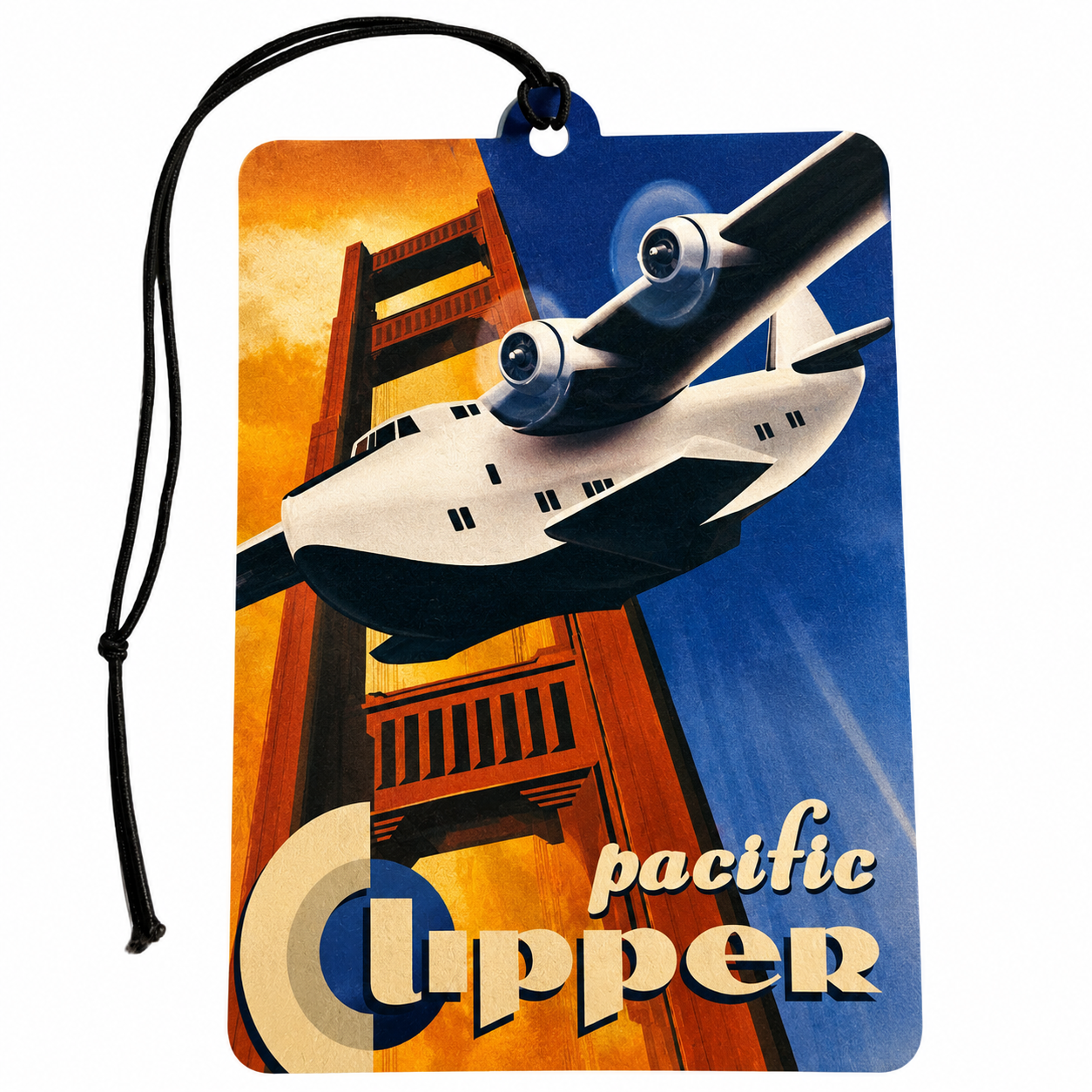 Pacific Clipper flying boat car air freshener featuring vintage aircraft and Golden Gate Bridge aviation artwork.