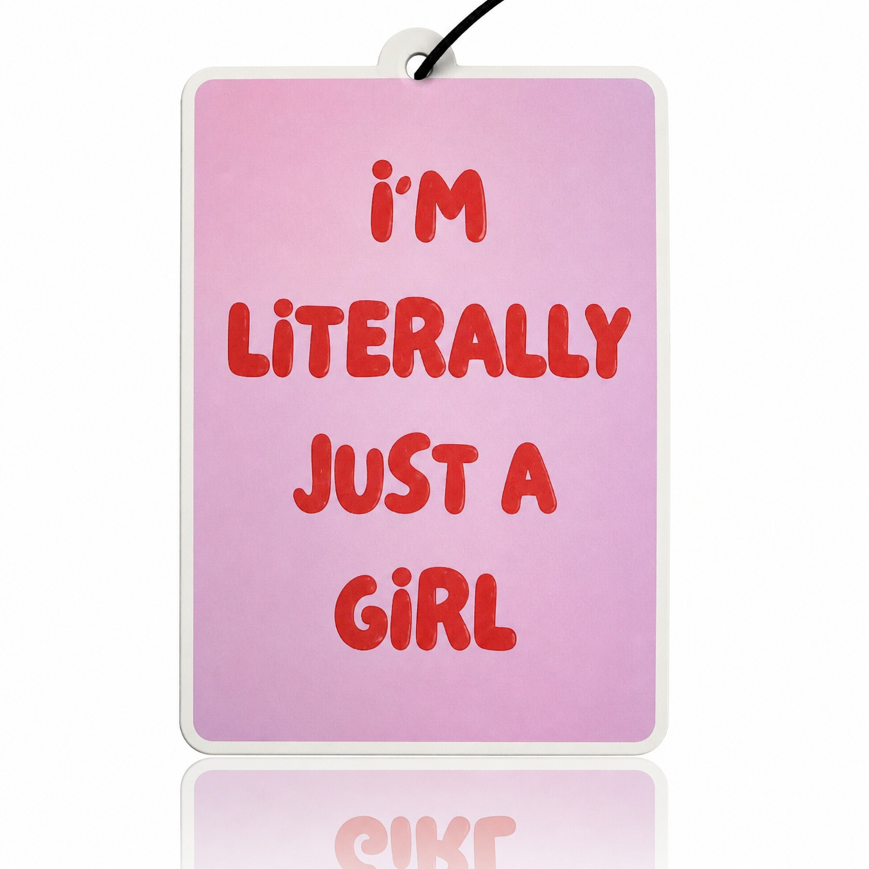 Pink car air freshener with red text on a white background