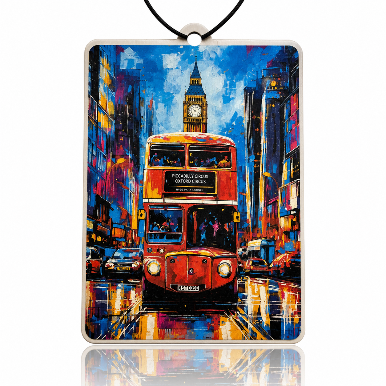 Car air freshener featuring aec routemaster london bus in the streets illustration