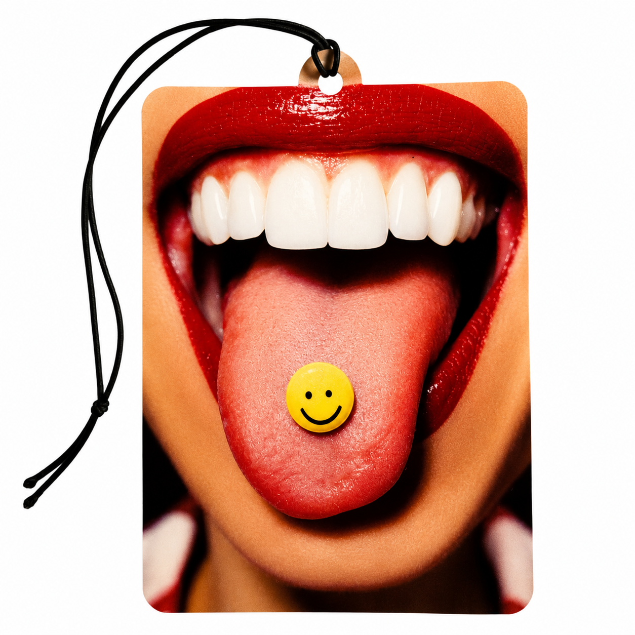 Rectangular car air freshener tag featuring a close-up photo of an open mouth with a small yellow smiley face sticker on the tongue, complete with a black hanging cord.