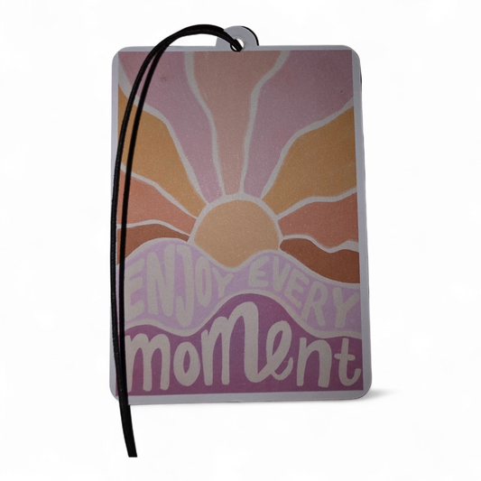 Enjoy Every Moment Car Air Freshener - Retro Sunset Hanging Accessory - Novelty Car Gift