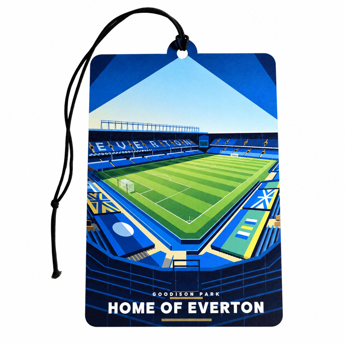 Everton inspired car air freshener featuring Goodison Park football stadium, blue and white stands, green pitch, Home of Everton lettering and black hanging cord.