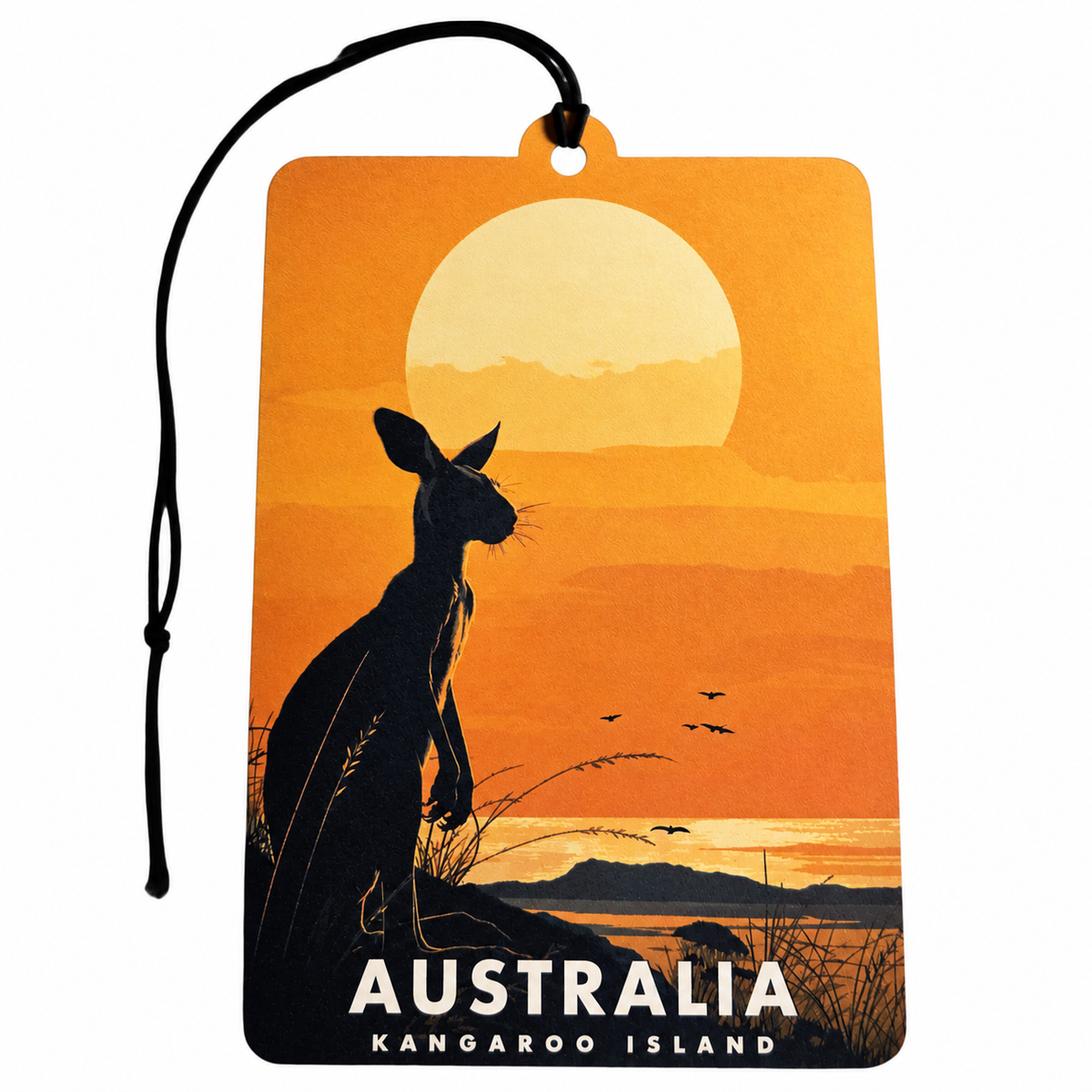 Australia Kangaroo Island car air freshener featuring a black kangaroo silhouette, golden orange sunset, coastal scenery and black hanging cord.
