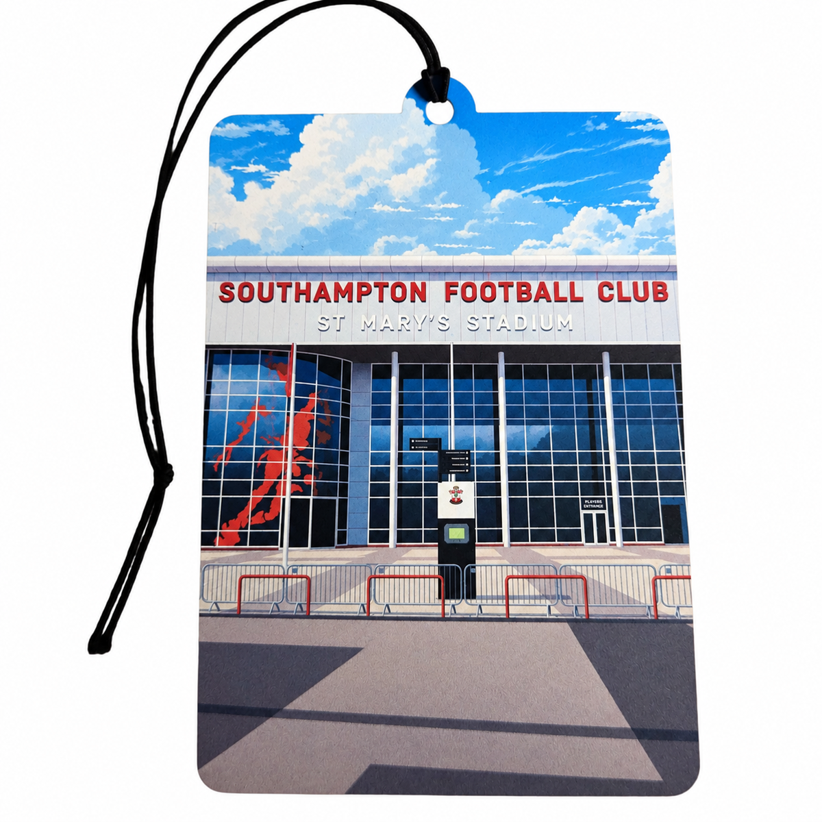 Southampton FC inspired car air freshener featuring St Mary's Stadium entrance, red Southampton Football Club lettering, blue sky and black hanging cord.