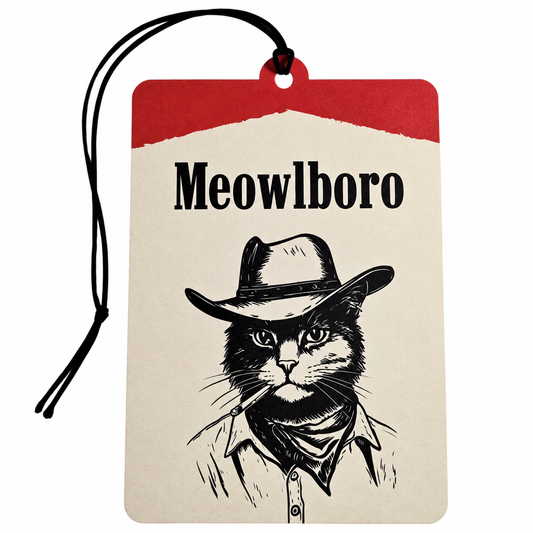 Meowlboro cowboy cat car air freshener featuring a black and white cat wearing a western hat, bandana and cigarette with vintage red and cream artwork.