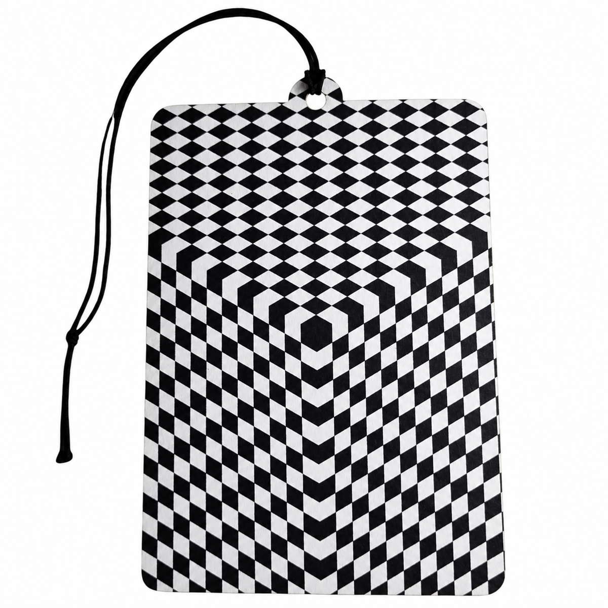 Black and white optical illusion car air freshener featuring a striking 3D geometric cube checkerboard pattern and black hanging cord.