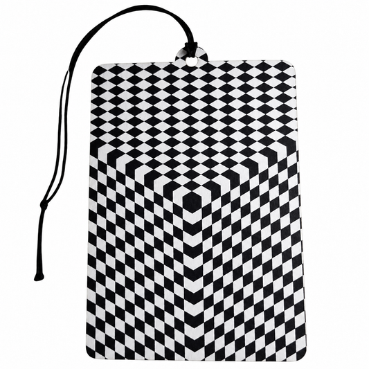 Black and white optical illusion car air freshener featuring a striking 3D geometric cube checkerboard pattern and black hanging cord.