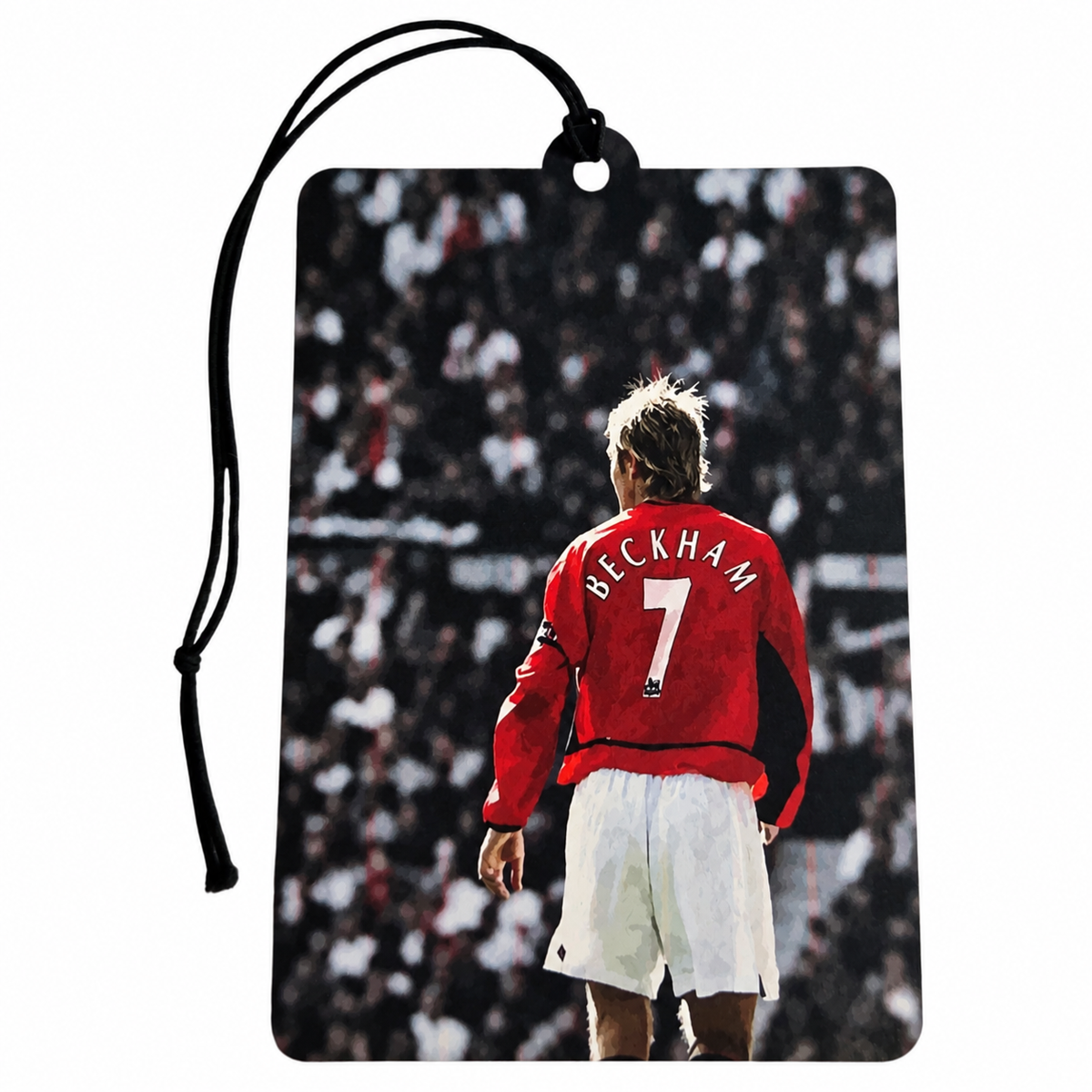 David Beckham inspired car air freshener featuring his iconic Manchester United red number 7 shirt, white shorts, stadium crowd and black hanging cord.