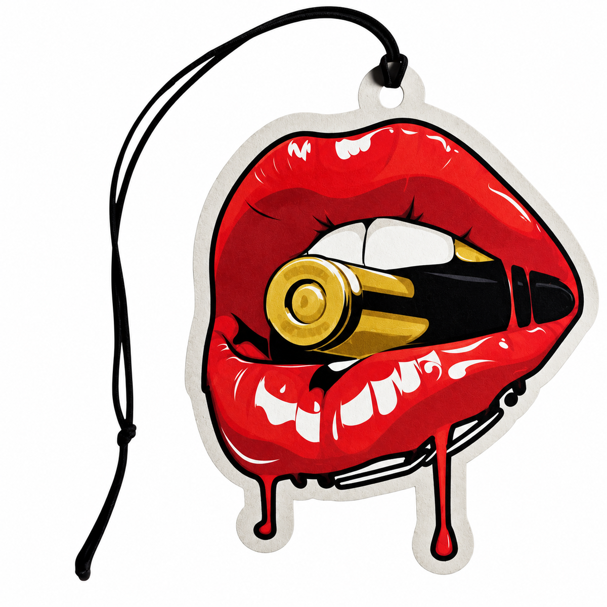 Bite The Bullet car air freshener featuring glossy red lips biting a gold and black bullet, dripping lip design and black hanging cord.