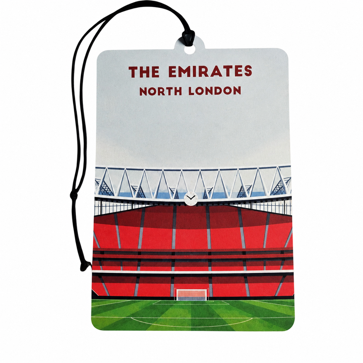 Arsenal inspired car air freshener featuring Emirates Stadium, red football stands, green pitch, North London lettering and black hanging cord.