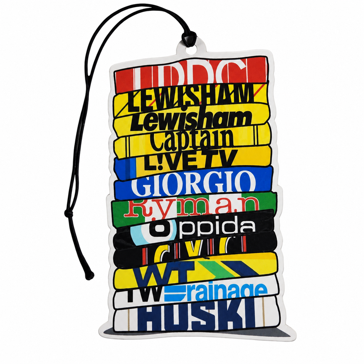 Millwall FC inspired car air freshener featuring colourful stacked retro football shirt sponsor designs including Lewisham, Captain, L!VE TV and Huski with black hanging cord.