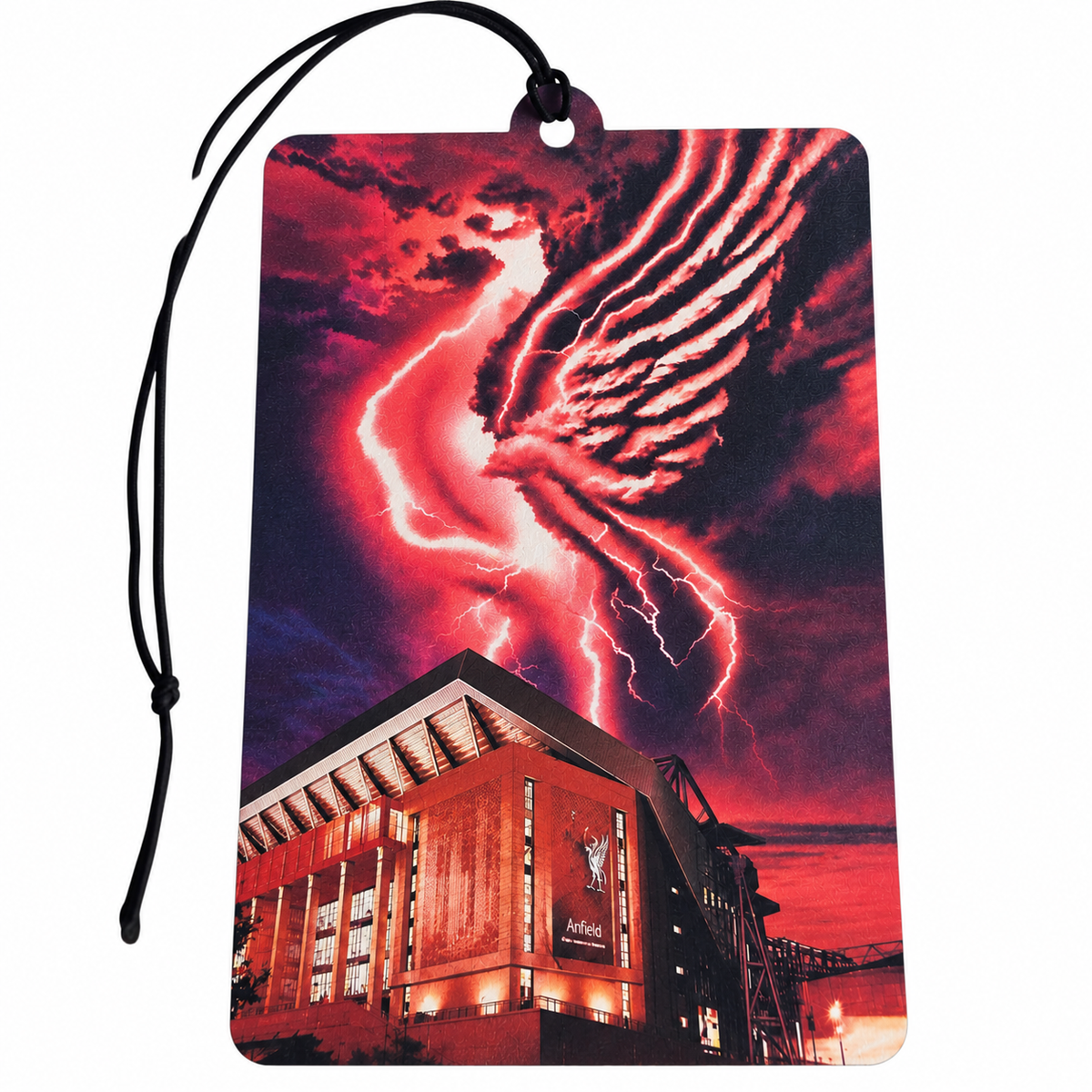 Liverpool FC inspired car air freshener featuring Anfield Stadium beneath dramatic red lightning and Liver Bird-inspired artwork with black hanging cord.