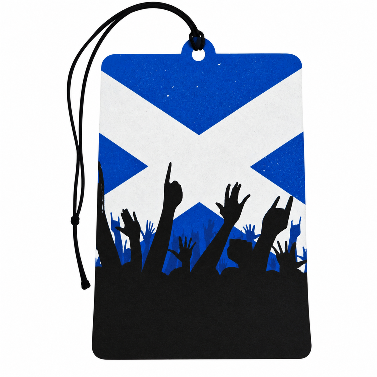 Scotland flag car air freshener featuring blue and white Saltire design with cheering crowd silhouettes and black hanging cord.