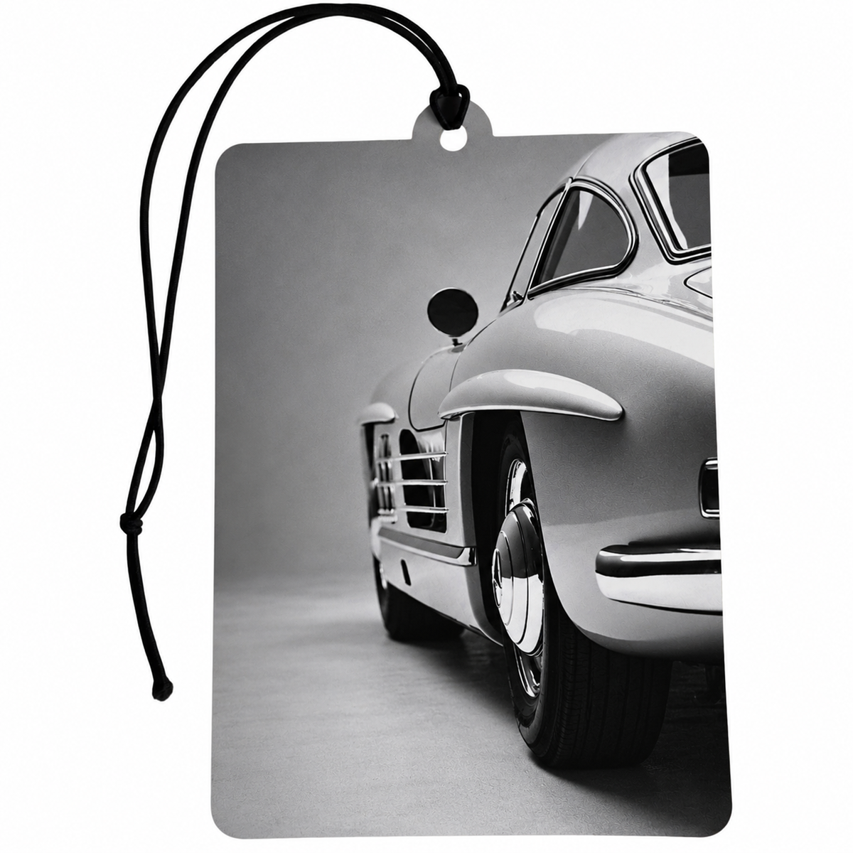 Mercedes 300SL Gullwing inspired car air freshener featuring a classic silver sports car in black and white with vintage bodywork and black hanging cord.