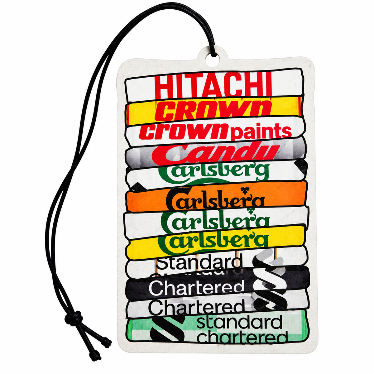 Liverpool FC inspired car air freshener featuring colourful stacked retro shirt sponsors including Hitachi, Crown Paints, Candy, Carlsberg and Standard Chartered with black hanging cord.