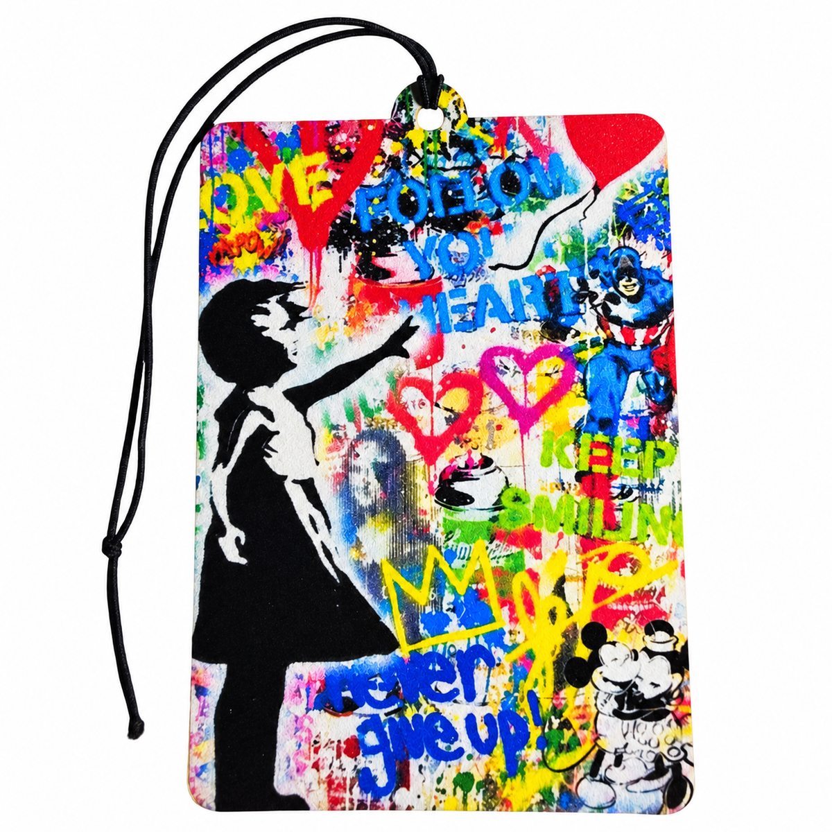 Banksy inspired graffiti car air freshener featuring a girl silhouette reaching towards a red balloon, colourful street art, spray paint and hearts with black hanging cord.