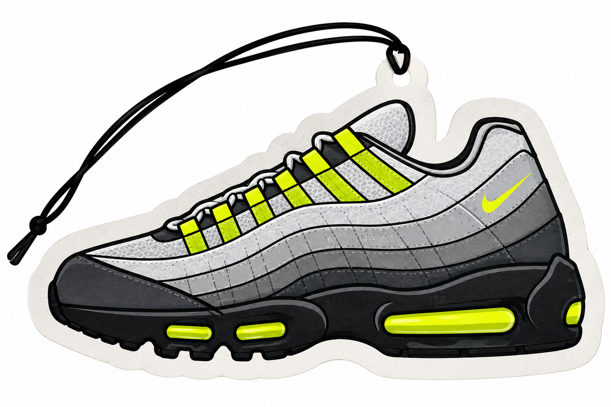 Nike Air Max 95 Neon inspired car air freshener featuring a grey gradient trainer with neon yellow laces, visible Air cushioning and black hanging cord.