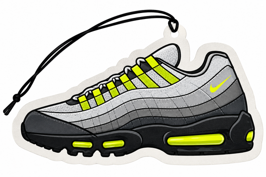 Nike Air Max 95 Neon inspired car air freshener featuring a grey gradient trainer with neon yellow laces, visible Air cushioning and black hanging cord.