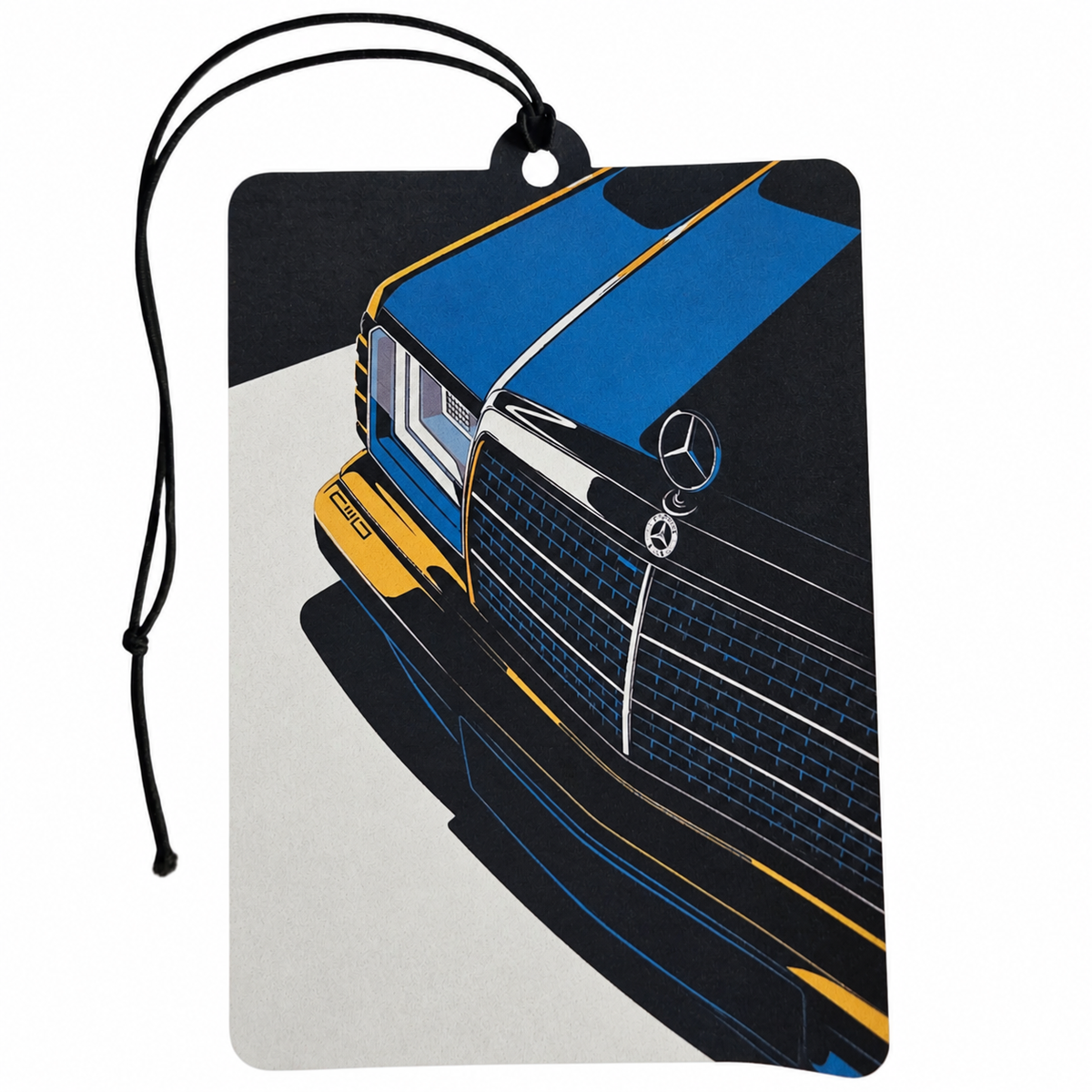 Mercedes-Benz inspired car air freshener featuring a classic front grille, star bonnet emblem, blue and black bodywork, gold detailing and black hanging cord.