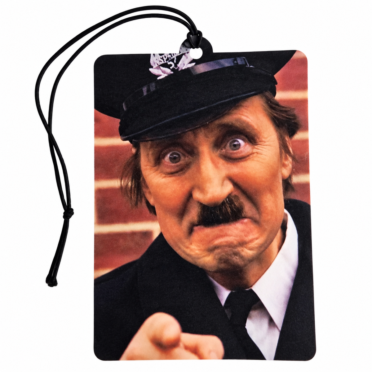 Blakey On The Buses car air freshener featuring Inspector Blakey in his black bus inspector uniform and cap, pointing with a funny expression and black hanging cord.