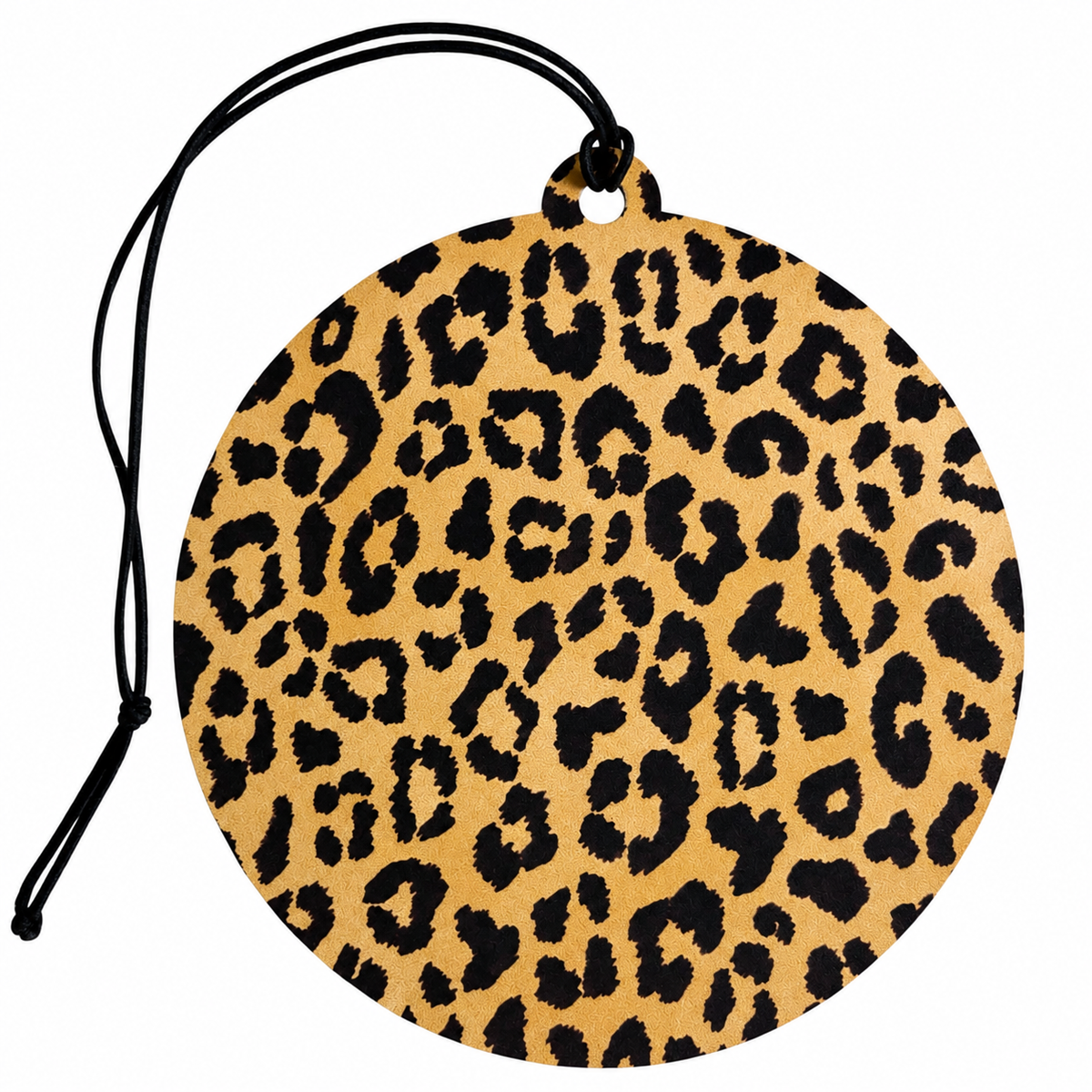 Round leopard print car air freshener featuring a golden beige background with bold black animal print spots and black hanging cord.