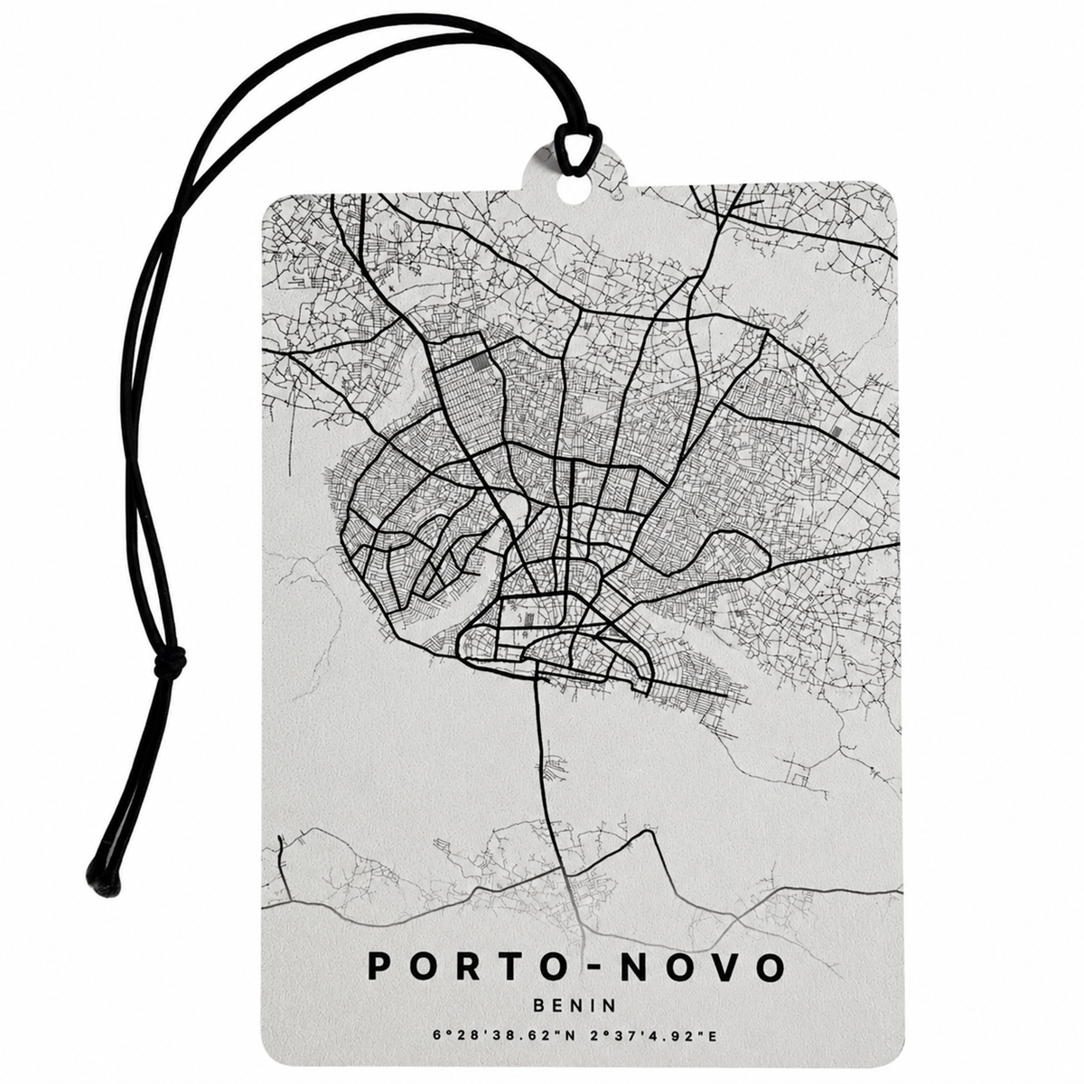 A rectangular car air freshener tag featuring a black street map of Porto-Novo, Benin, with its coordinates at the bottom, suspended from a black cord on a white background.