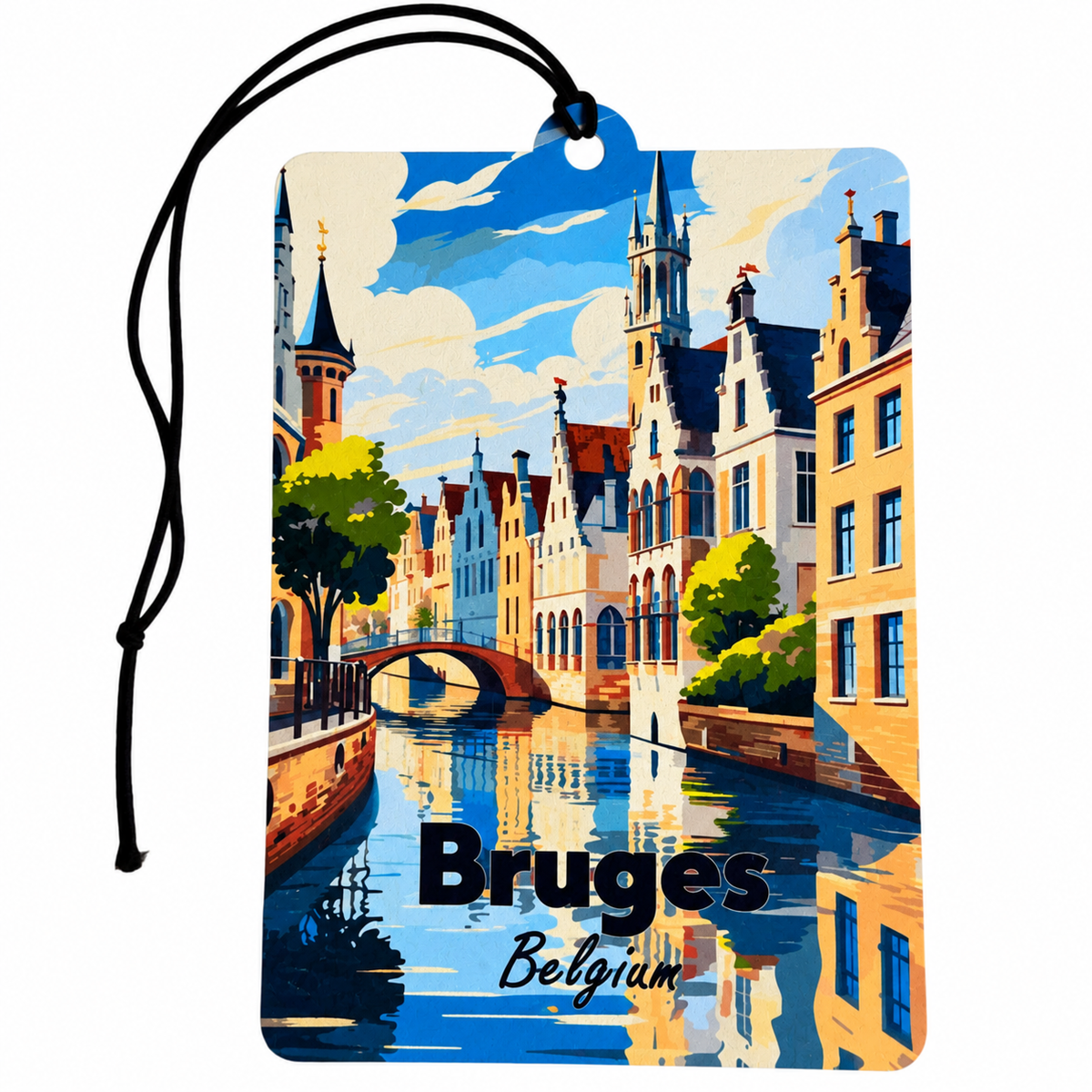 Bruges Belgium car air freshener featuring colourful historic buildings, picturesque canal, arched bridge, blue sky and black hanging cord.