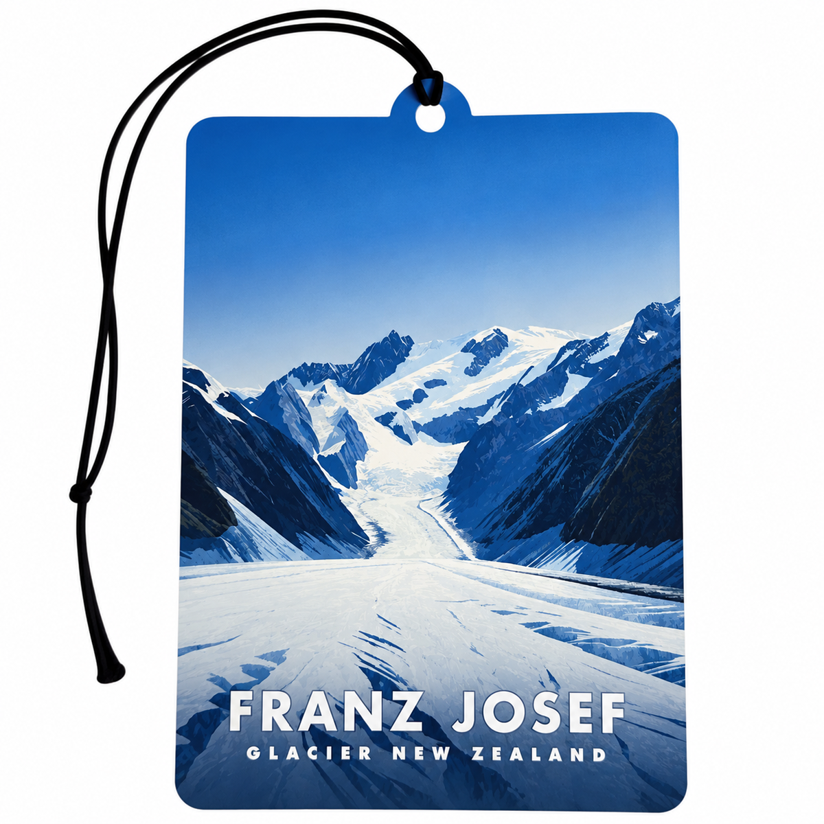 A rectangular car air freshener tag featuring a scenic print of Franz Josef Glacier in New Zealand, complete with a black hanging cord, on a solid white background.